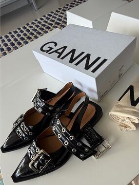Ganni Black Patent Leather Pointed Buckle Slingback Flats